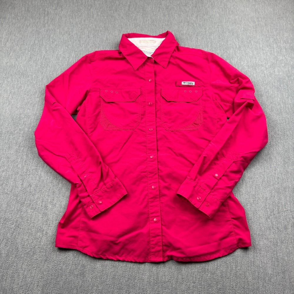 Columbia Shirt Womens Medium Pink PFG Snap Button Long Sleeve Fishing Outdoor